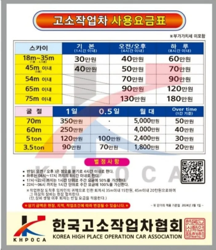 한국고소작업차협회 고소작업차 사용요금표
